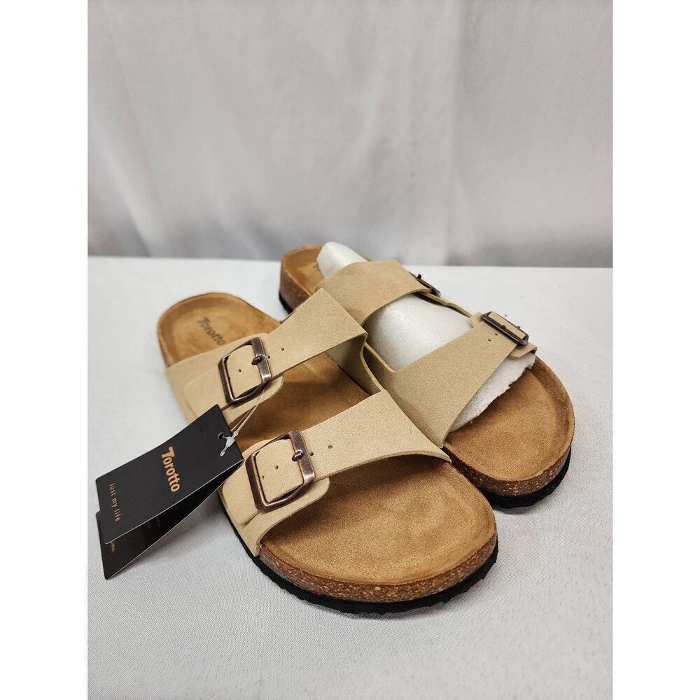 Torotto Mens Tan US 10 Slides Cork Open Toe Adjustable Webbing Flat Sandals